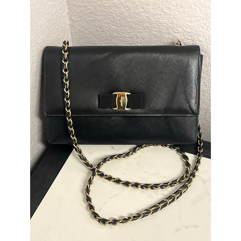 Salvatore Ferragamo Vara Bow Saffiano Leather Chain Flap Bag / Crossbody , Black